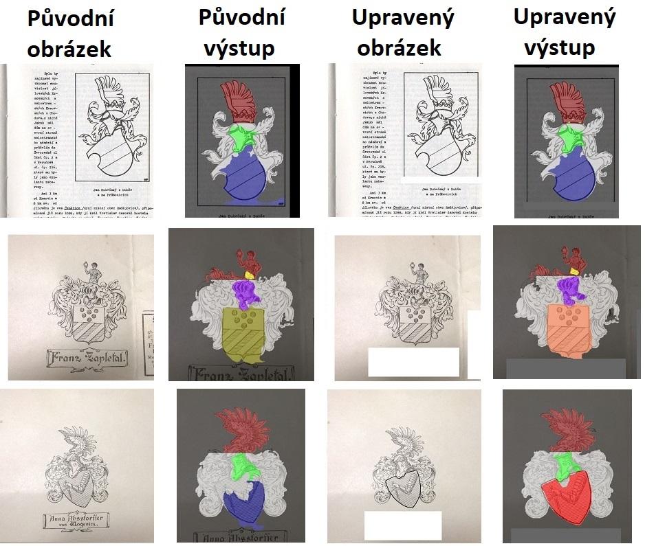 Obrázek 6.8: Porovnání výstupů pro původní a ručně upravené obrázky. První erby shora převzat z [36] a ostatní z [1]. pozadí a pouze výjimečně se na okraj dostalo pár písmen z textu.