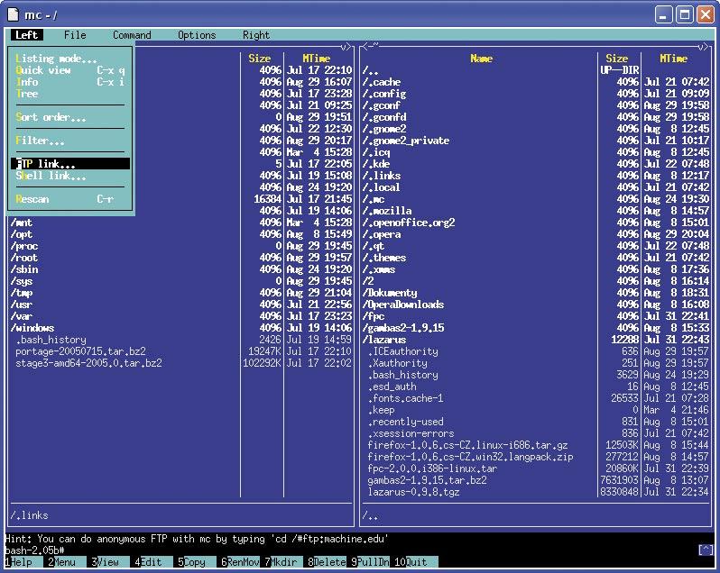 Uživatel Tipy a triky pro Linux Práce s FTP v souborovém manažeru Midnight Commander Linux Midnight Commander freeware obtížnost 1 2 3 4 5 Souborový manažer Midnight Commander stále vede v oblibě u