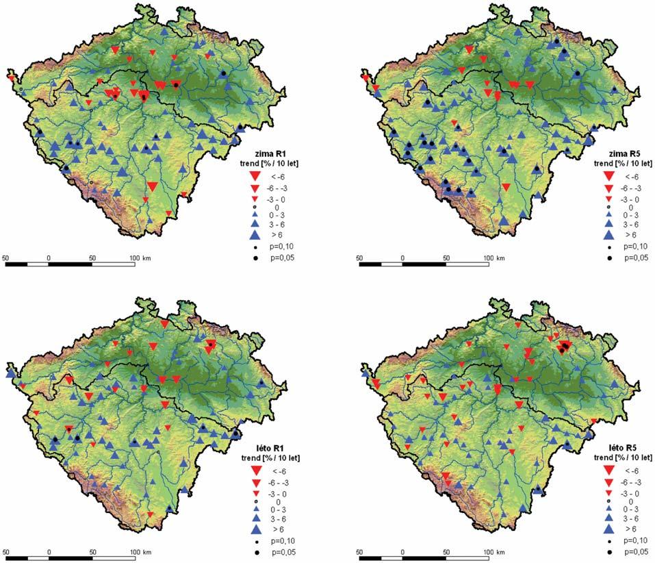 Obr. 7 Trendy vybraných charakteristik významných srážek v zimním (nahoře) a letním (dole) hydrologickém pololetí (1961 2005). R1 (R5) označuje maximální 1denní (5denní) úhrny.