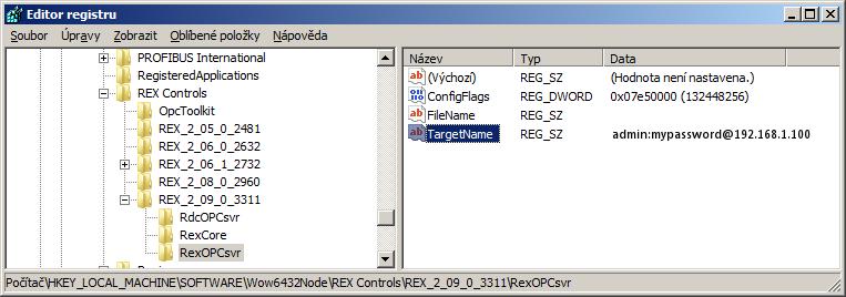 Pro výměnu dat je potřeba pouze v registrech systému Windows nastavit adresu cílového zařízení systému REXYGEN, se kterým si bude OPC server vyměňovat data.