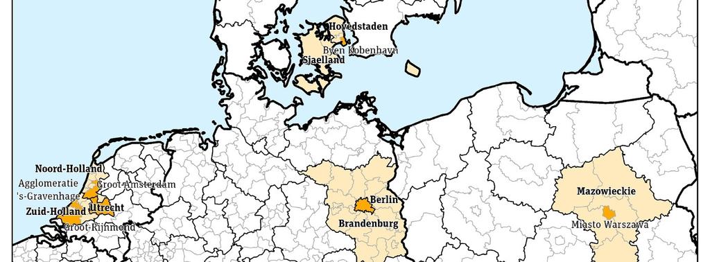 Na úrovni NUTS 2 jde o různorodé regiony, a to jak o městské regiony (Praha, Vídeň, Berlín), tak o výrazně monocentrické regiony zahrnující zázemí jádrových měst.