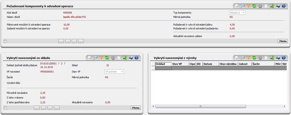 kapitola Odvedené PK). Zde je mimo jiné zobrazeno pro každou plovoucí komponentu původně odvedené množství, z toho naskladněno, spotřebováno a zůstatek inventurní.