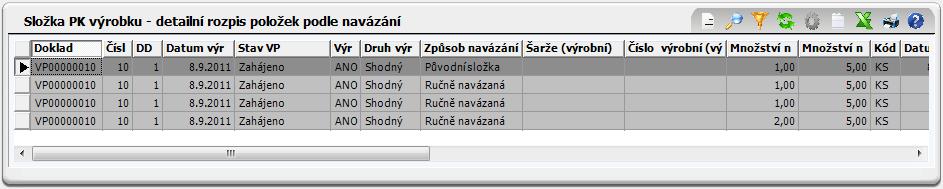 Každá PK v detailu obsahuje informace o původním vyrobeném množství na původní PK a množství, které se touto rozdělenou PK navazuje na vyšší