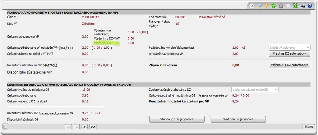 Odkaz Vtažení z DZdetailMAT Do formuláře je zařazena nová položka Vtaženo z DZ-POL.
