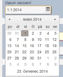 Pole pro datum - Všechna datumová pole mají možnost uživatelsky přívětivého zvolení konkrétní hodnoty pomocí vyskakovacího kalendáře.