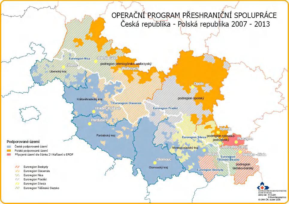 Dotační území České kraje: Liberecký, Královéhradecký, Pardubický, Moravskoslezský a Olomoucký Polské regiony: jeleniogórsko-wałbrzyský, opolský, rybnicko-jastrzębský a bielsko-bialský Lead