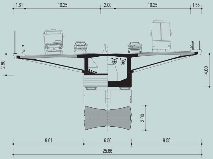 5 Cross section of a typical span: a) at mid-span, b) at support 4 5b bylo možné postavit most během dvaceti tří měsíců, bylo rozhodnuto nahradit dva mosty jedním a pro stavbu využít novou výsuvnou