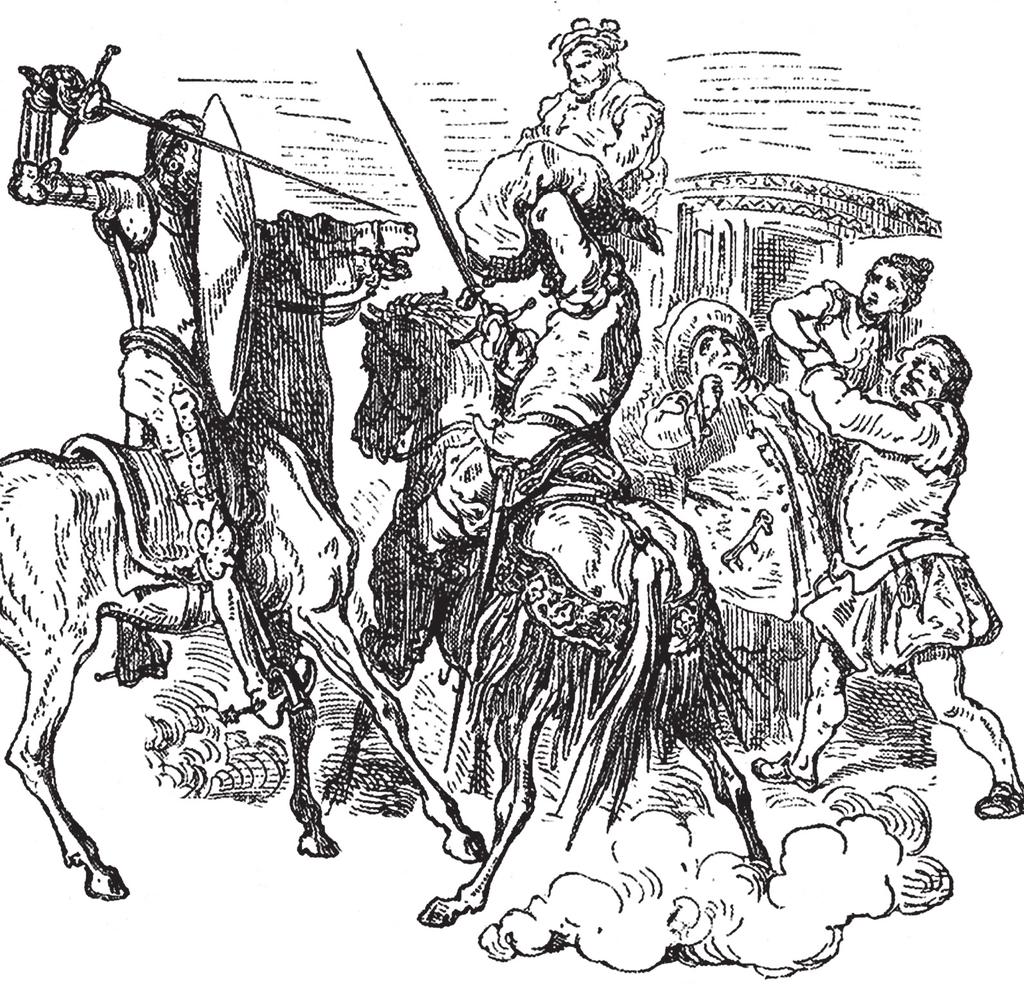 30 MIGUEL DE CERVANTES Y SAAVEDRA / DŮMYSLNÝ RYTÍŘ přímo do hlavy. Rána poplašila oslíka, na kterém zbrojnoš seděl, zvíře vyhodilo zadníma nohama a shodilo jezdce na zem.