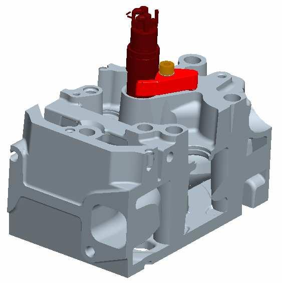 Hlava s Common Rail vstřikovačem Původní vstřikovač pro konvenční vstřikování je nahrazen vstřikovačem systému Common Rail (dále CR). 3D model vstřikovače systému CR je poskytnutý firmou Motorpal, a.