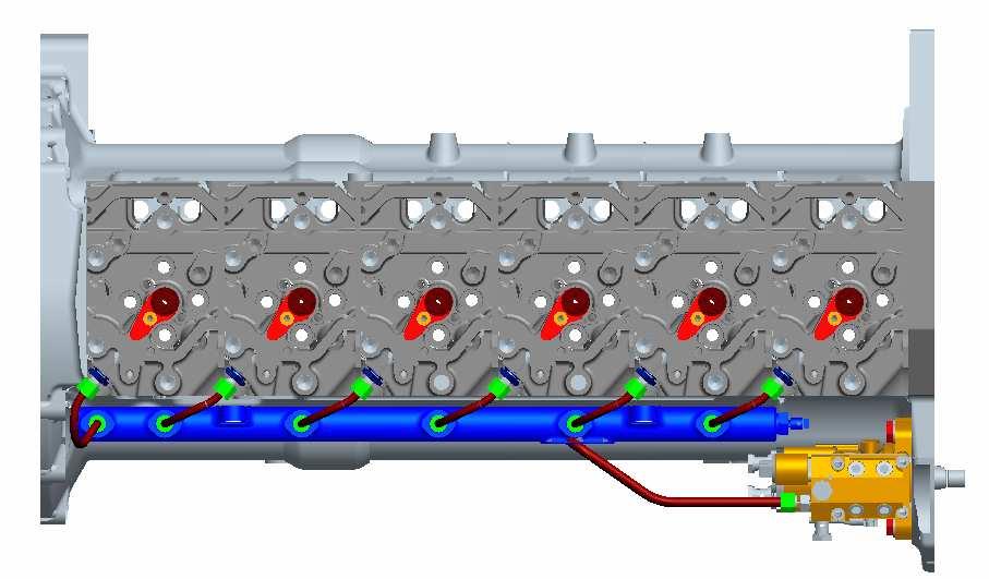 60 Boční pohled na instalovaný vstřikovací systém Common Rail s vysokotlakým