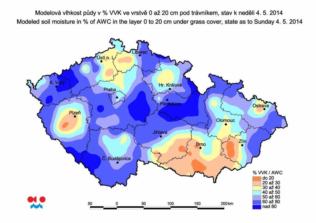 F: Vlhkost půdy Poměrně vydatné srážky vylepšily v minulém týdnu na některých lokalitách zásoby půdní vláhy, zejména v povrchové vrstvě.