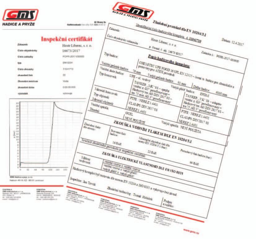 ZAØÍZENÍ NA TESTOVÁNÍ TÌSNOSTI HADIC ZAØÍZENÍ PRO TESTOVÁNÍ HADIC Na základì požadavku mùžeme k armovanému kompletu doložit certifikát o tlakové zkoušce a o