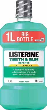 LISTERINE TEETH & GUM DEFENCE Při používání dvakrát denně poskytuje ochranu pro zdravější zuby a dásně a 3násobně delší pocit čistých