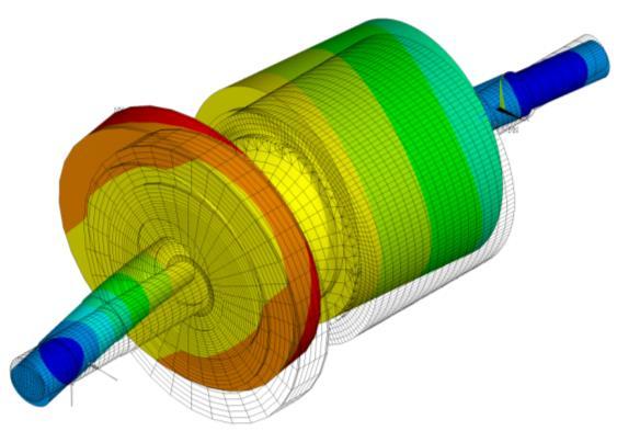 Obr. 4.6 První vlastní tvar kmitání rotoru. 4.3 MODÁLNÍ ANALÝZA SOUSTAVY STATOR ROTOR Mechanická i elektromagnetická vazba mezi statorem a rotorem ovlivní tuhost a hmotnost řešené struktury.