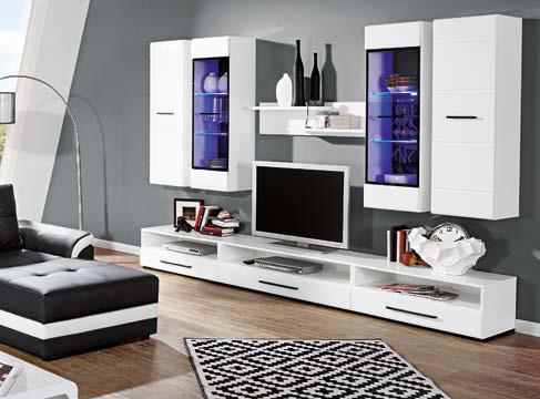 - Obývací stěna, bílá / černé sklo, včetně LED