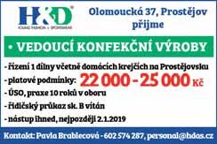 00 Do provozovny v Prostějově přijmeme na HPP hlavní účetní. Znalost PÚ, mezd a daní. Znalost účetního programu Pohoda výhodou.