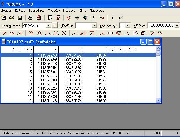 po nastavení všech potřebných atributů je třeba, aby jste otevřeli ve větším okně programu Groma seznam souřadnic podrobných bodů klikněte v tomto okně na horní liště na