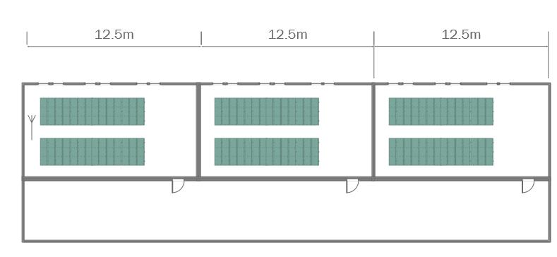 Signál jsem měřil nejdříve při přímé viditelnosti a při větší vzdálenosti již za stěnami. Stěny mezi učebnami byly široké 30 cm. Náčrt prostoru je na obrázku 13.