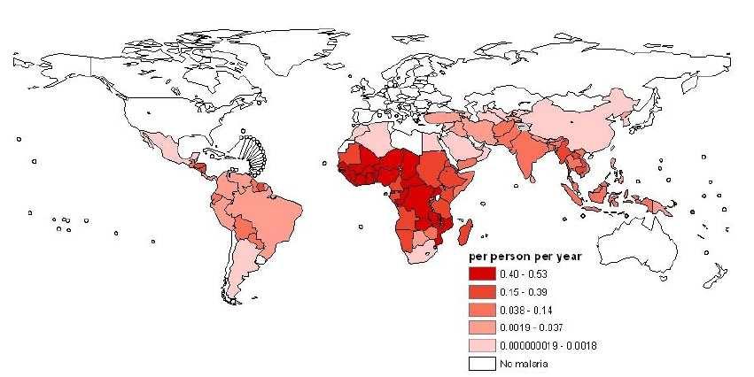 Obr. 3: Odhady incidenční míry malárie v roce 2004 (jakýkoliv druh plasmodia) Zdroj: RBM WHO (2005a): Malaria incidence estimates at country level for the year 2004: Proposed estimates and draft