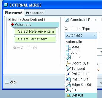 náhledovém okně a otevře se panel External Merge Tento panel slouží k definici zakotvení vkládaného modelu v prostoru. To se provádí pomocí vazeb (Constraint).