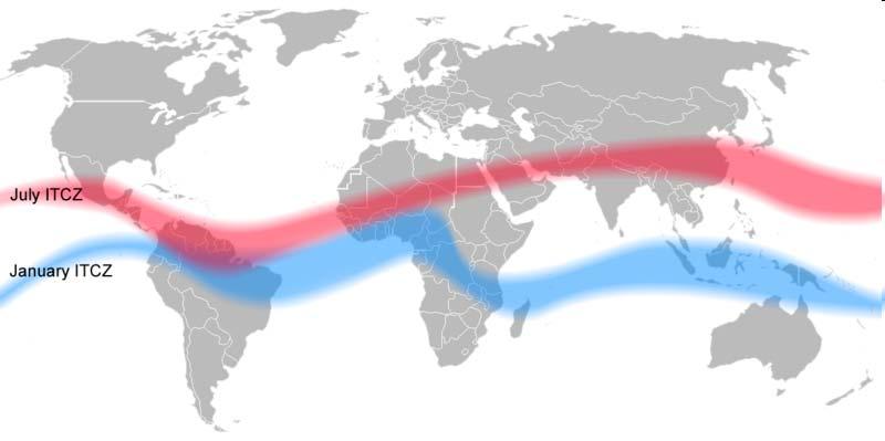Intertropická zóna konvergence (ITCZ) Oblast kolem rovníku, kde se setkávají jižní a