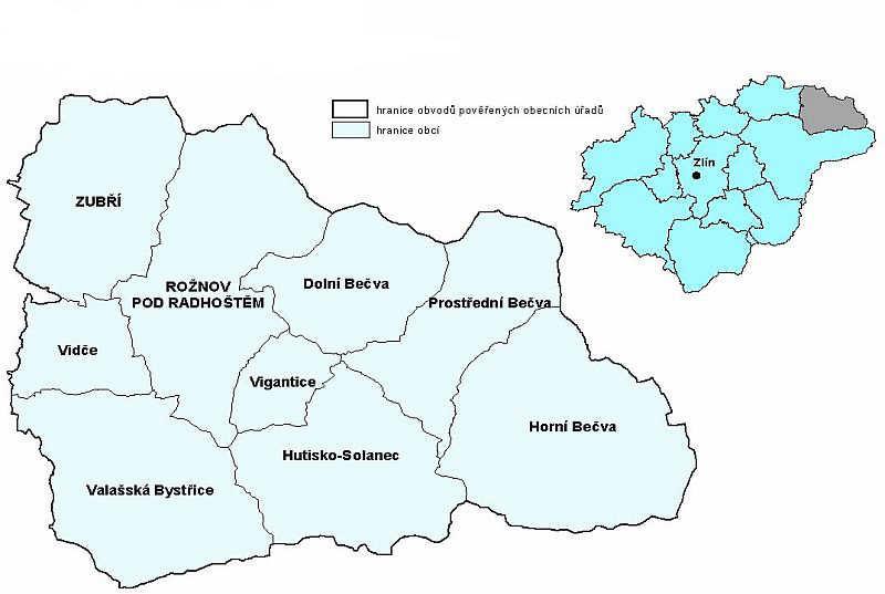 VIII. ADMINISTRATIVNÍ MAPA ORP ROŽNOV POD RADHOŠTĚM Správní obvod obce s rozšířenou působností Rožnov pod Radhoštěm zahrnuje nejméně obcí v rámci jednotlivých správních obvodů Zlínského kraje.