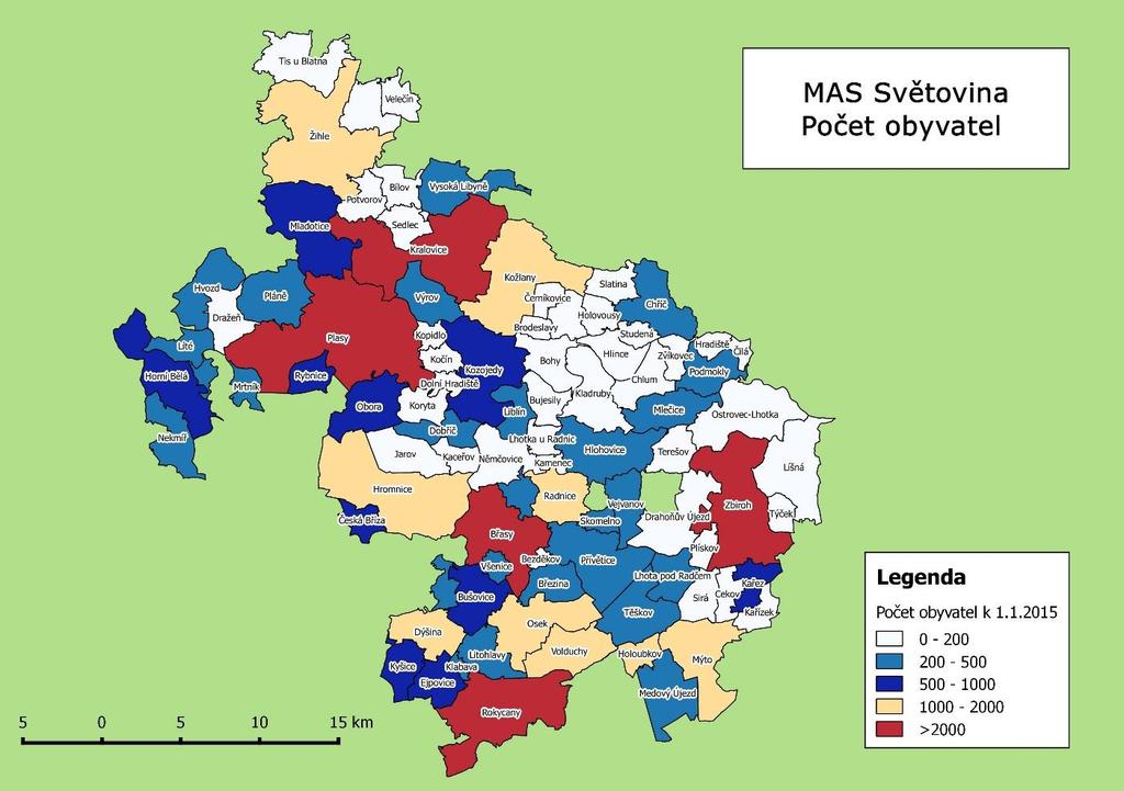 Obrázek 7 Počet obyvatel na území působnosti MAS Světovina 21% Obce podle počtu obyvatel 6% 44% 29% do 200