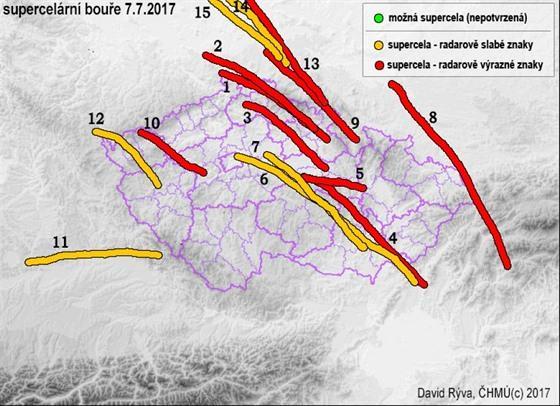 9 CG výboj na odcházející multicele Suma sumárum regionem prošly celkem 3 supercelární bouře (viz mapka níže čésůa