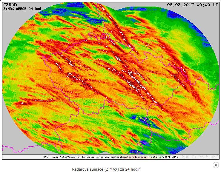 Mapa č. 9 Maximální intenzita srážek dle radarové detekce Zdroj: ČHMÚ, AMS z.s. Naopak samotnému severovýchodu regionu se situace v podstatě vyhnula, což je patrné jak z mapy rozložení bleskové aktivity tak z mapy srážkových úhrnů.