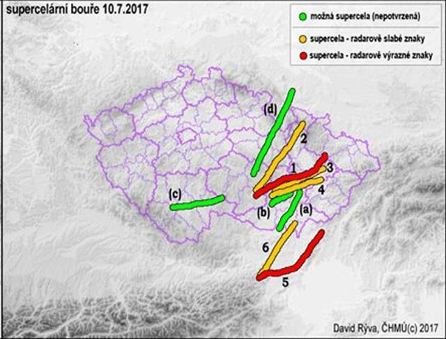 Toho dne se nakonec vyskytlo 8 supercelárních bouřek z čehož minimálně čtyři prošly sledovaným regionem. Mapa č. 12 Supercelární bouře v ČR 10. července 2017 