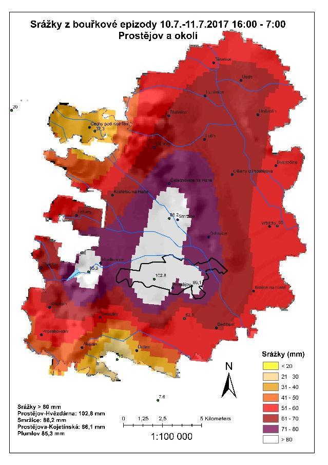 Mapa č. 13 Prostorové rozložení srážkové činnosti při supercell outbreaku 10. července 2017 v Prostějově a okolí Mapa č. 14: Prostorové rozložení srážkové činnosti při supercell outbreaku 10-11.