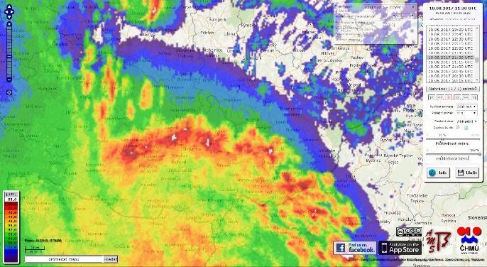 asi 20 km jižněji. Obr. č. 36 Radarový snímek 10.8.2017 21:15 UTC Obr. č. 37 Radarový snímek 10.8.2017 21:30 UTC Obr.