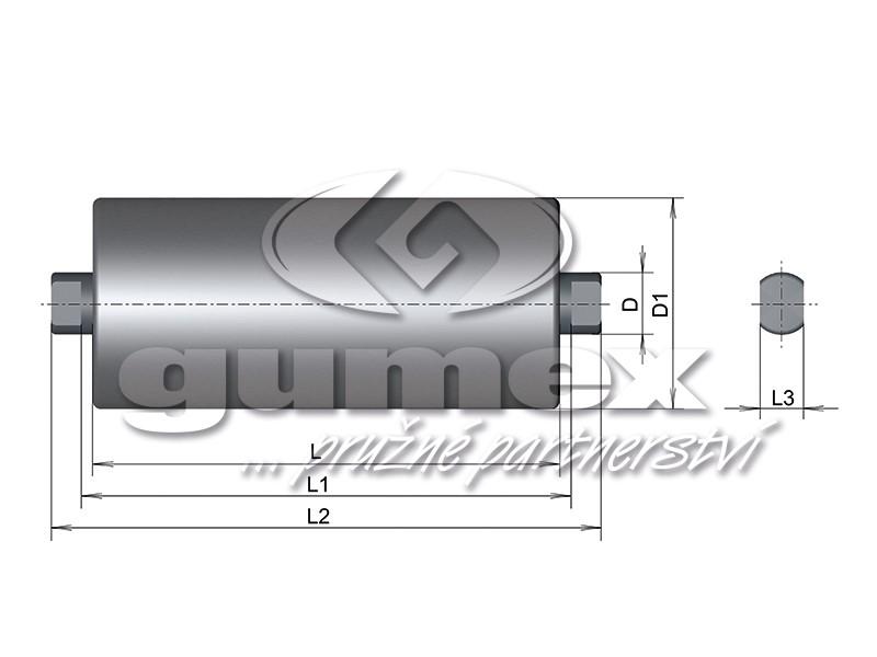 4.4.3 Volba horních válečků Do horních válečkových stolic volím hladké válečky od firmy Gumex s rozměry uvedenými v tabulce 4.4. D (mm) D1 (mm) L (mm) L1 (mm) L2 (mm) L3 (mm) Hmotnost (kg) 20 89 315 323 341 14 3,32 Tabulka 4.