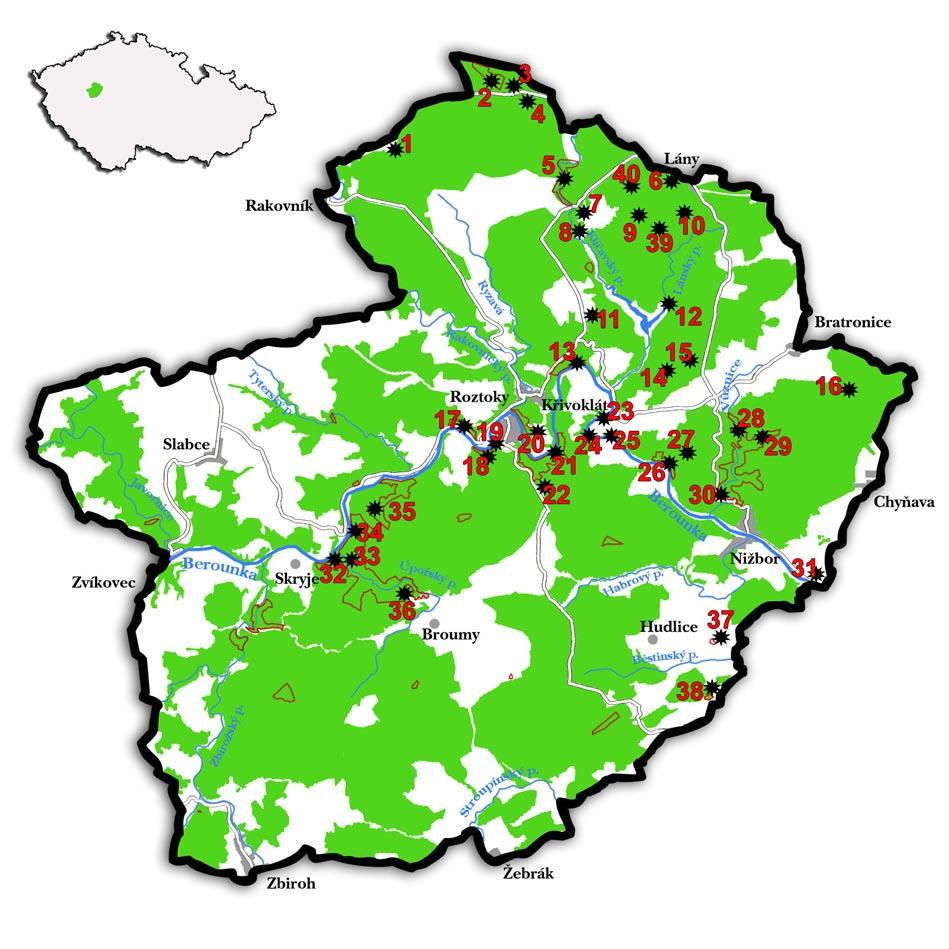Obr. 1. Mapa Chráněné krajinné oblasti Křivoklátsko. Některé lokality: 1. Bartoňský rybník. 2: PR Prameny Klíčavy. 3: Rybník Horní Kracle. 4: Rybník Dolní Kracle. 5: PR Údolí Klíčavy.