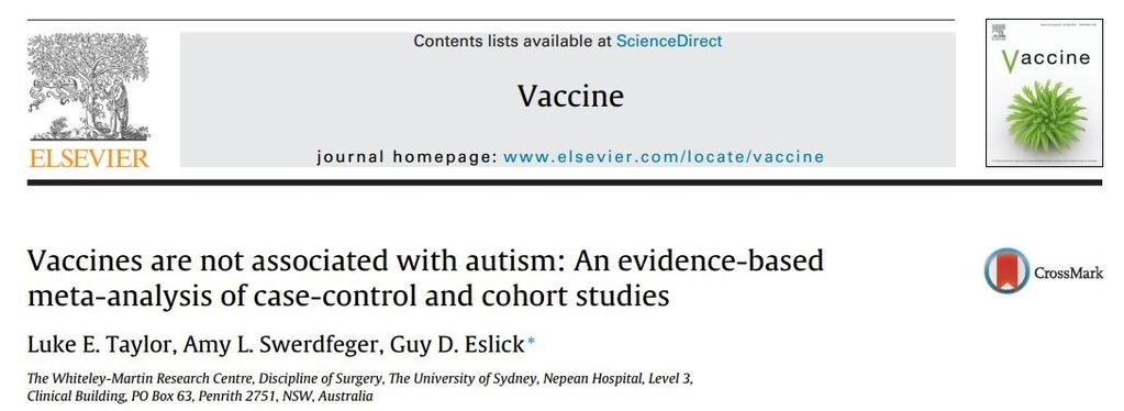 2014 nejnovější metaanalýza In conclusion, this meta-analysis provides no evidence of a relationship between vaccination and autism or autism spectrum disorders and as such advocate the continuation