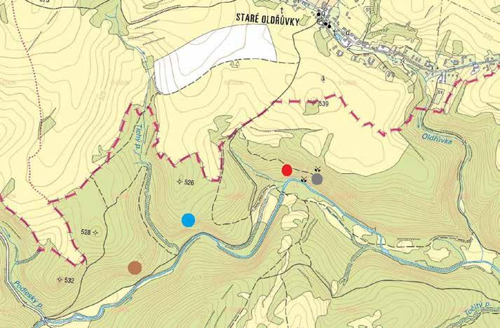 -661- Výřez Základní mapy s řekou Odrou u Starých Oldřůvek v místě geologických a geomorfologických zajímavostí: Legenda: Červený bod = místo geologického zlomu se štolami po těžbě stříbrné rudy