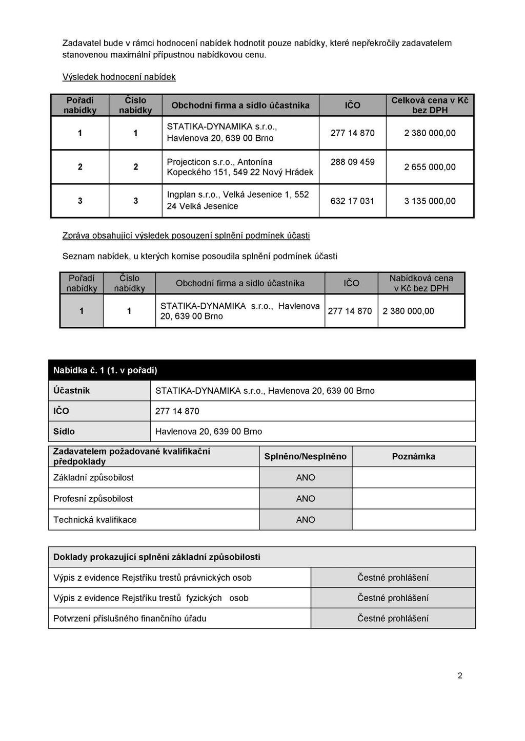 Zadavatel bude v rámci hodnocení nabídek hodnotit pouze, které nepřekročily zadavatelem stanovenou maximální přípustnou nabídkovou cenu.