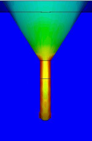 Obrázek 3.10 Rozložení povrchového proudu budícího vlnovodu antény (rovina x-z; 0 db = 44,5 A/m).