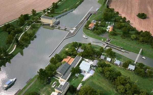 6: Vizualizace městské přístaviště Hodonín (zdroj: ŘVC) Na jezu Hodonín je také zvažována výstavba druhé plavební komory, která by umožnila plavbu po česko-slovenském hraničním toku řeky Moravy do