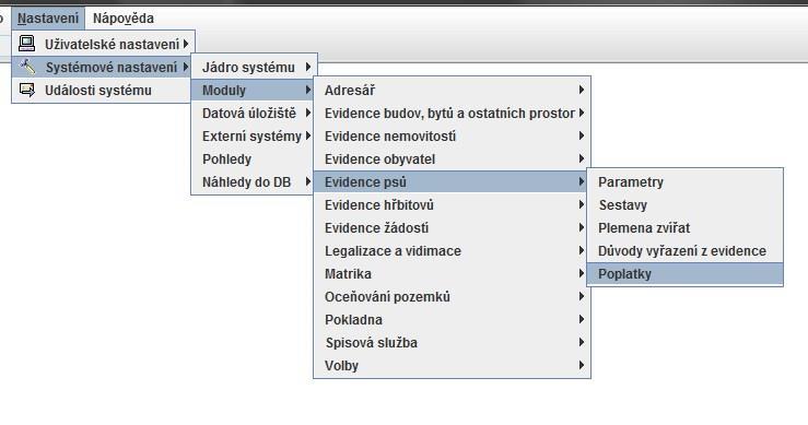 V systémovém nastavení, moduly, evidence psů, stiskneme volbu -