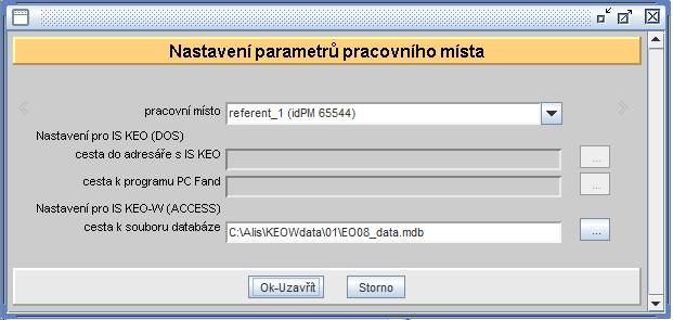 V nově otevřeném okně vybereme pracovní místo, které má uživatel přiřazeno v parametrech programu KEO-X a nastavíme cestu k souboru EO08_data.mdb.