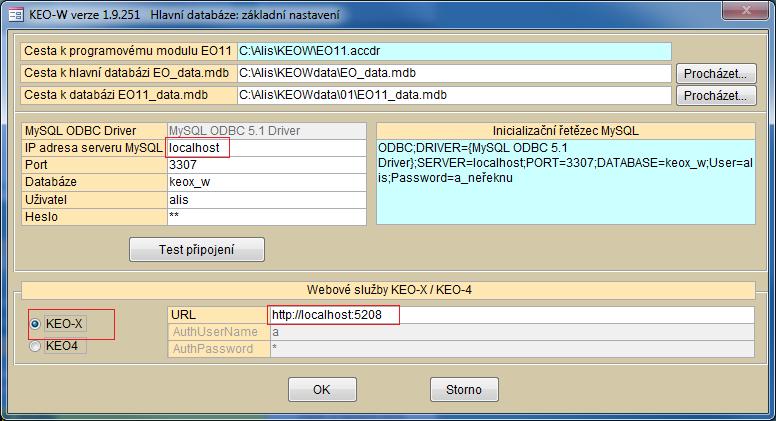 Potom uzavřeme okno a přihlásíme se do programu KEO- W pod svým heslem. Na základní obrazovce programu KEO-W spustíme modul připojení k databázím. Zde zkontrolujeme parametr URL.