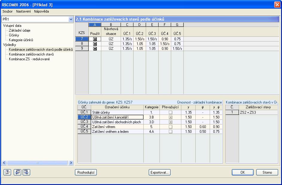 5 Příklady Obr. 5.19: Dialog 2.1 Kombinace zatěžovacích stavů podle účinků Kombinace KZS1 až KZS6 jsou všechny přípustné kombinace zatěžovacích stavů v rámci příslušných účinků.