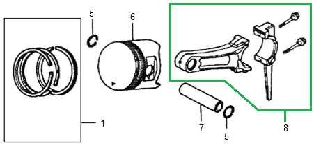 1 JF390-E-01-04 Pístní kroužky set Piston ring set 5 JF240-E-05 Pojistka pístního čepu Piston pin clip 6 JF390-E-05 Píst Piston 7 JF390-E-06 Pístní čep Piston pin 8 JF340-E-07 Ojnice Connecting rod 2