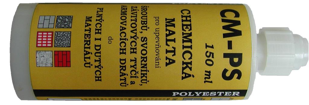 Chemická malta Polyester CMPS 150ml CMPS 4ml Chemická malta pro kotvení dynamicky namáhaných konstrukcí, stavebních dílů, technologických zařízení či lešení do betonu, plných cihel a dutých bloků.