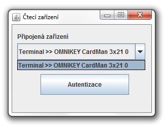 Obr. 47 Terminál Autentizace pomocí čipové karty Tlačítkem autentizace je vybrán applet na kartě, jenž má AID 78 64 7A 75 72 12 34 56, ten odpovídá portálu žadatele.