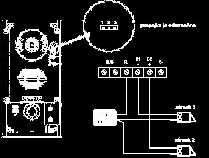 Zapojení dvou zámků: Propojka je na pozici 1-2 Odchodové tlačítko pro zámek 1 Odchodové tlačítko pro zámek 2