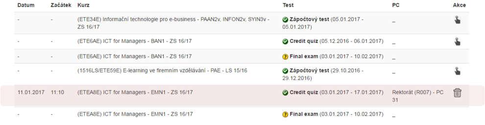 Po výběru dne se zobrazí seznam všech volných časových termínů. Zvolte (opět tlačítkem Rezervace ) konkrétní čas zahájení testu. Zobrazeny jsou pouze termíny s volnou kapacitou.