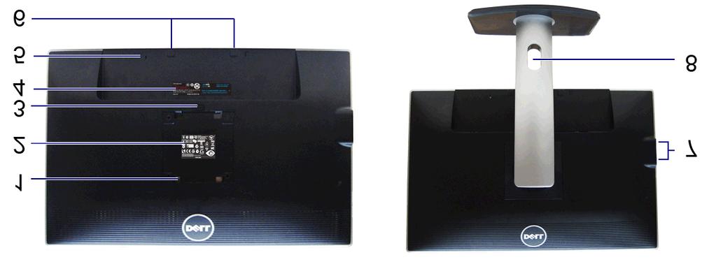 zeď pomocí VESA-kompatibilního montážního balíku (100 mm x 100 mm) 2 Regulační štítek Seznamuje s regulačními schváleními 3 Tlačítko pro uvolnění podstavce Pro uvolnění podstavce z monitoru 4 Štítek
