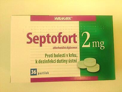 Septofort 2mg Účinná látka: chlorhexidin Chlorhexidin je látka, která působí proti bakteriím, plísním, virům a kvasinkám, používá se při léčbě zánětů v dutině ústní, zabraňuje vzniku zubního povlaku.